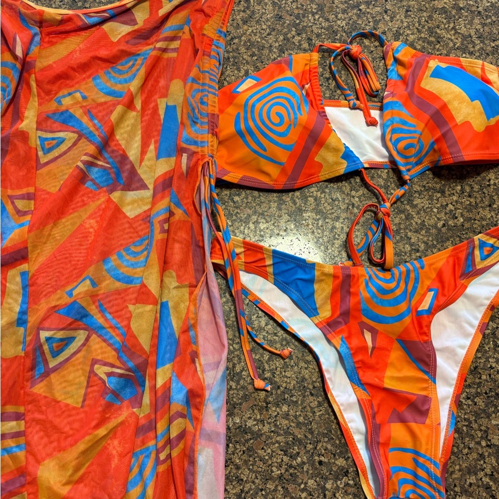 SHEIN Vibrant Orange and Blue Bikini 3 piece set